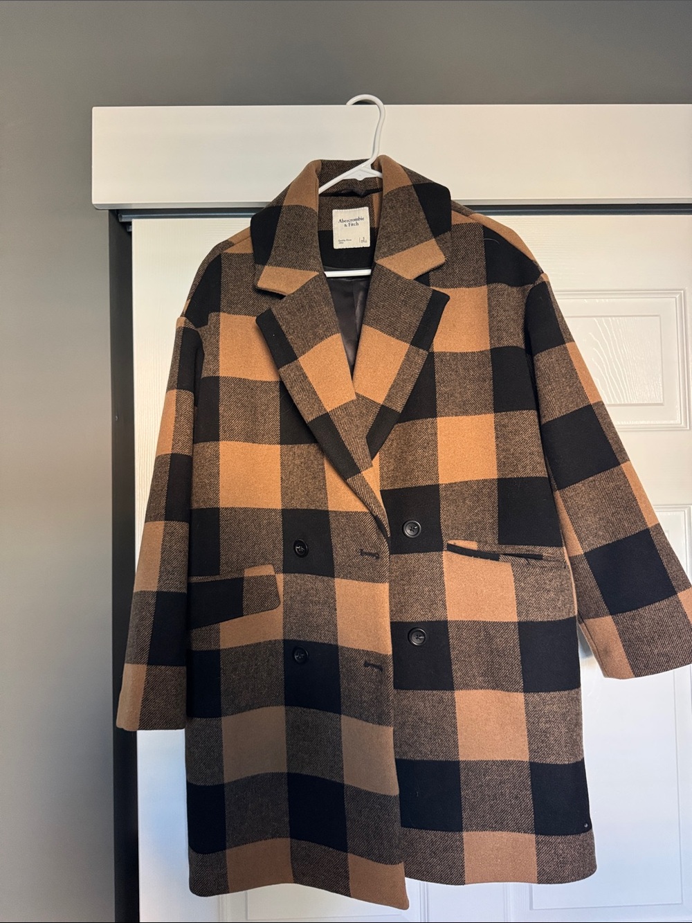Abercrombie & Fitch Tan and Black Plaid Double-Breasted Pea Coat